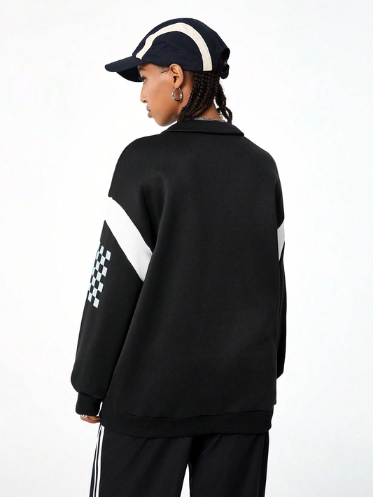 SXV Streetwear Going Out Sportswear Athleisure Back To School Casual Color-Blocked Letter Print Long Sleeve Black Sweatshirt