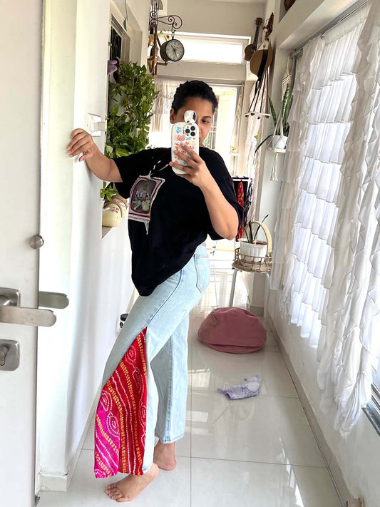 SXV Bandhani side slit denim jeans indo western look for Navratri