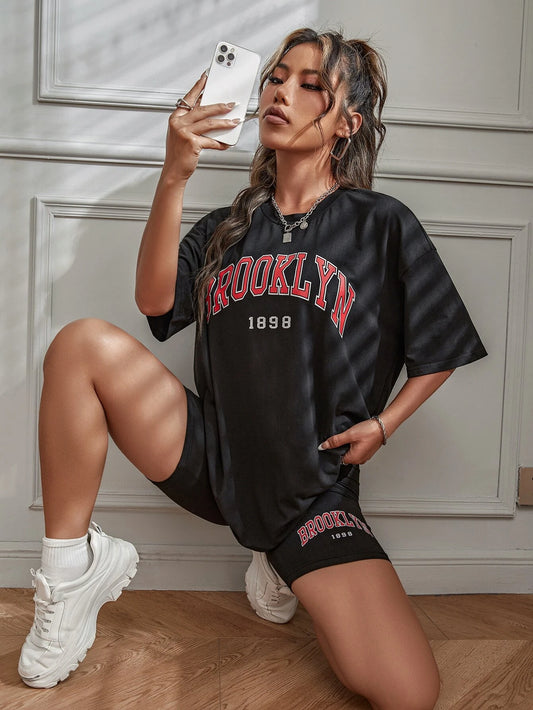 SXV Brooklyn 1898 Letter Graphic Drop Shoulder Longline Tee & Biker Shorts Set