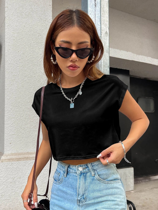 SXV Women's Summer Solid Color Round Neck Batwing Short Sleeve Loose Casual All-Match T-Shirt