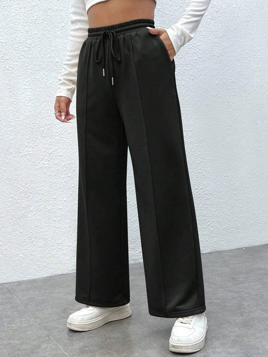 SXV Drawstring Waist Wide Leg Spring Black Sweatpants
