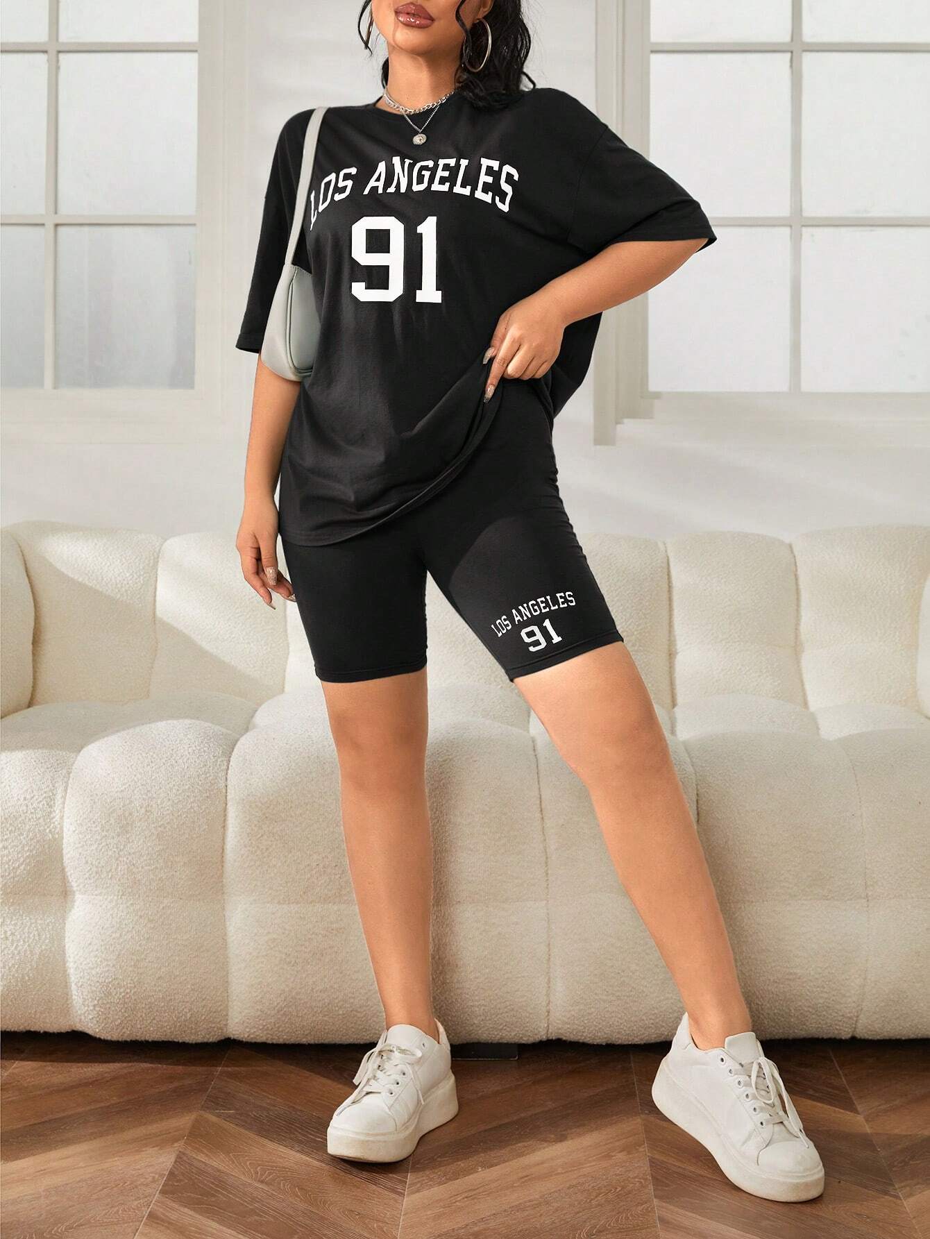 SXV Los Angeles 91 Letter Graphic Drop Shoulder Tee & Biker Shorts