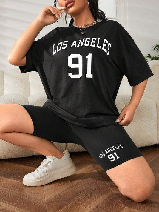 SXV Los Angeles 91 Letter Graphic Drop Shoulder Tee & Biker Shorts