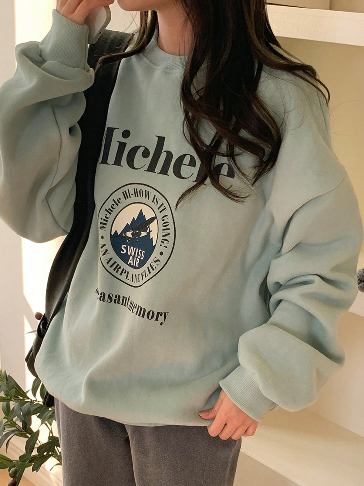 SXV Swiss air Letter Graphic Drop Shoulder Oversized Pullover,Long Sleeve Tops,Fall Clothes Sweatshirt