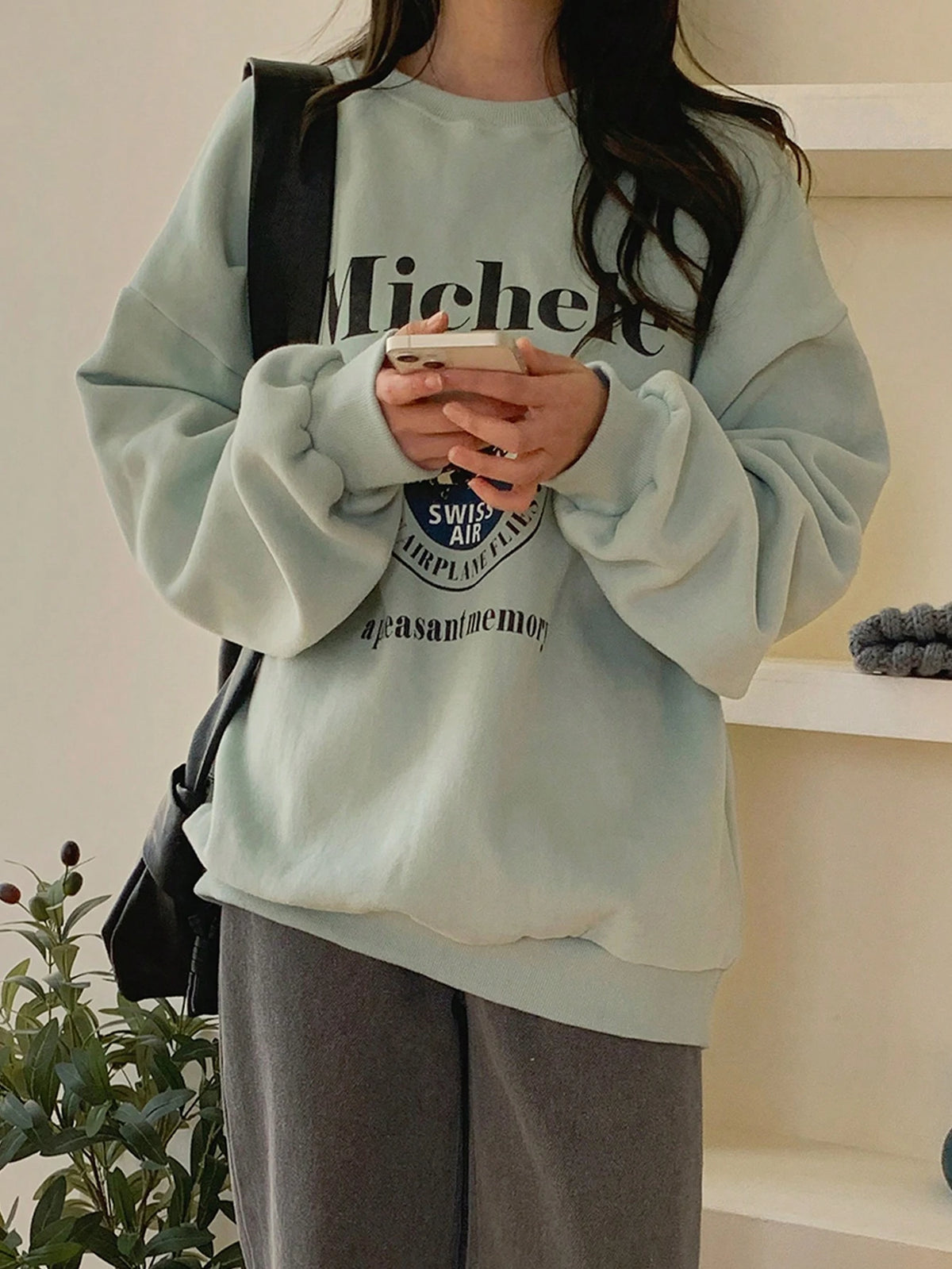 SXV Swiss air Letter Graphic Drop Shoulder Oversized Pullover,Long Sleeve Tops,Fall Clothes Sweatshirt