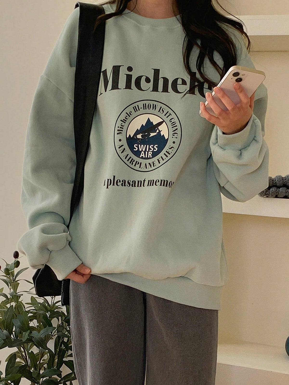 SXV Swiss air Letter Graphic Drop Shoulder Oversized Pullover,Long Sleeve Tops,Fall Clothes Sweatshirt