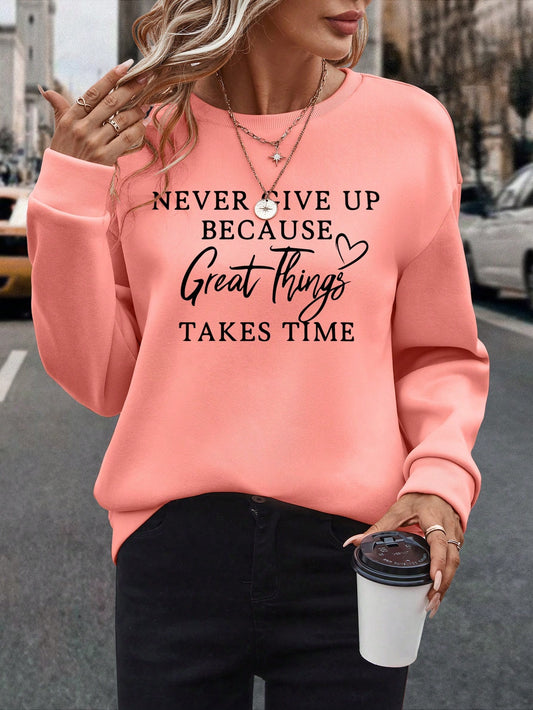 SXV 'never give up’ Printed Cool Aesthetic Drop Shoulder Oversized Baggy Sweatshirt
