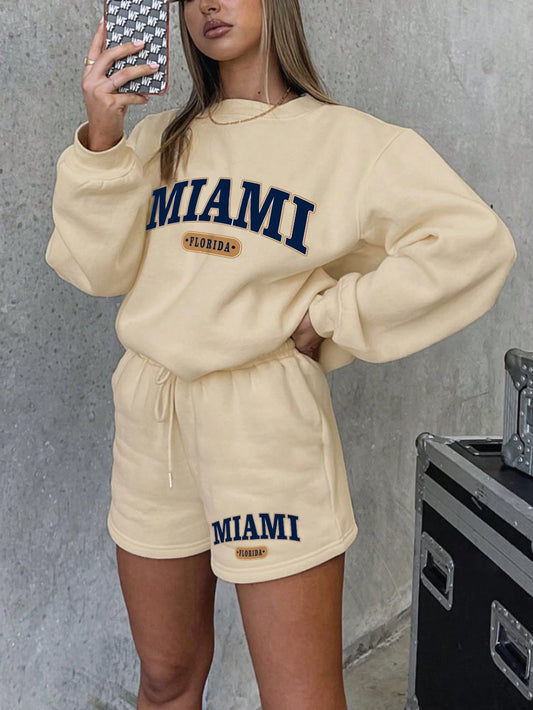 SXV Miami florida Letter Graphic Drop Shoulder Hoodie & Drawstring Waist Shorts