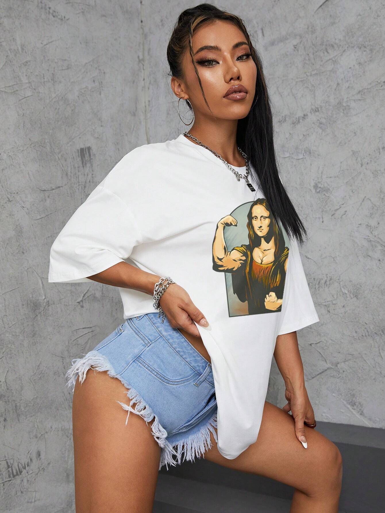 SXV Cartoon Portrait Pattern Short Sleeve Drop Shoulder Round Neck T-Shirt Graphic Tees