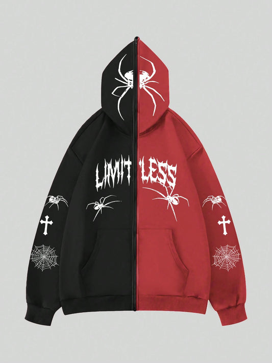 SXV Letter & Spider Printed Zip Up Hoodie