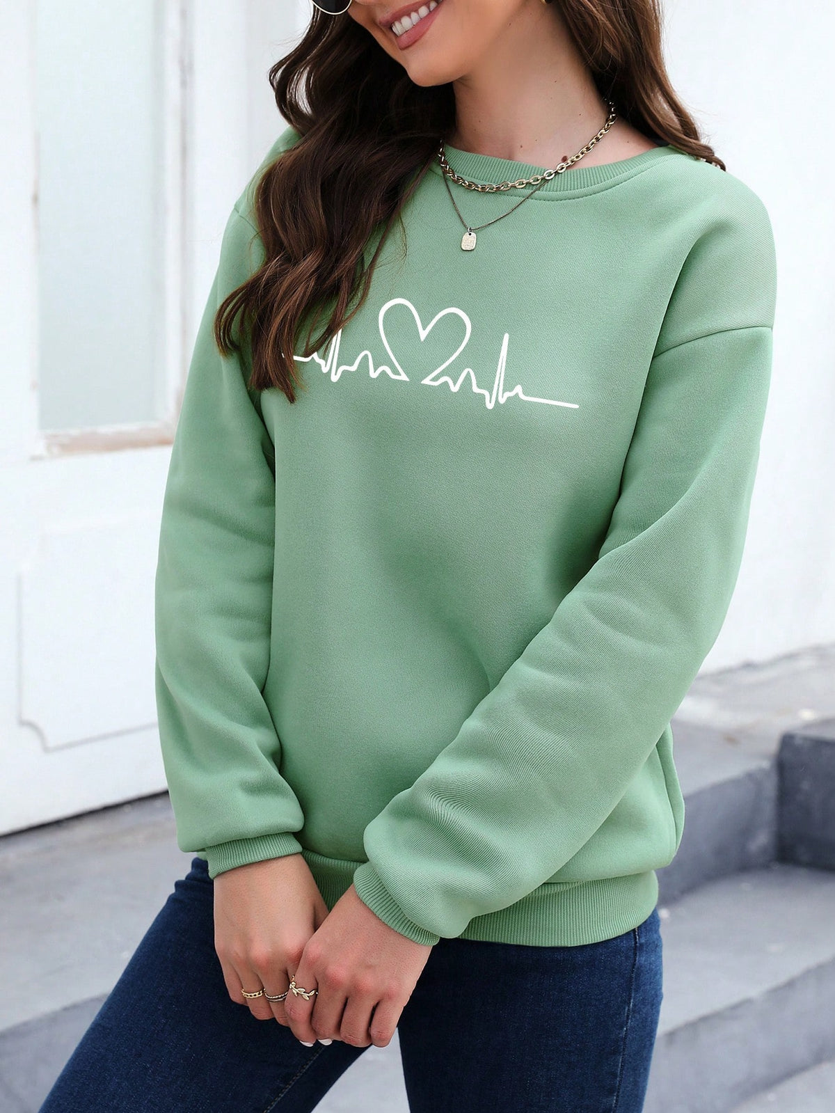 SXV Women's Heart Printed Drop Shoulder Sweatshirt