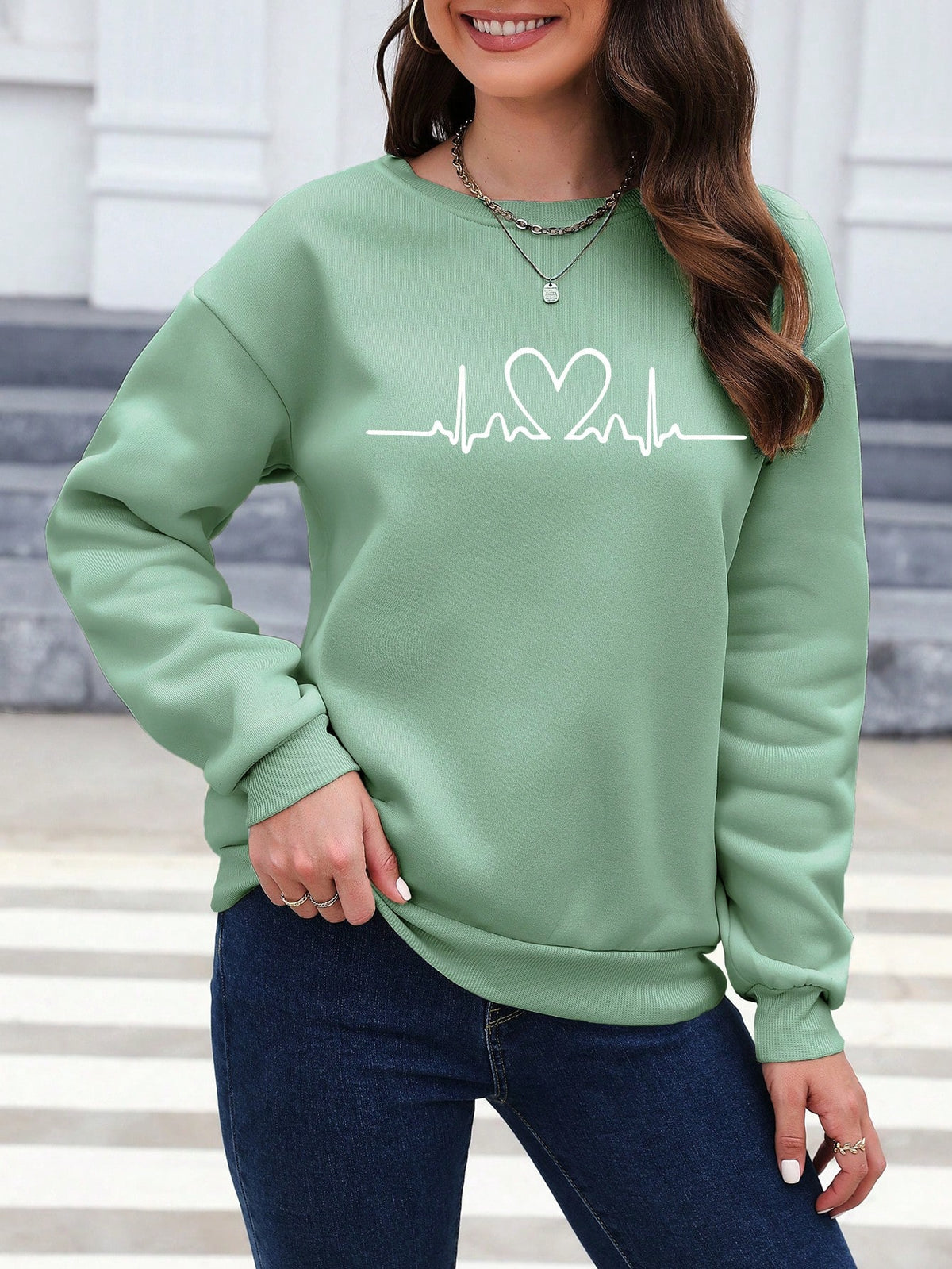 SXV Women's Heart Printed Drop Shoulder Sweatshirt