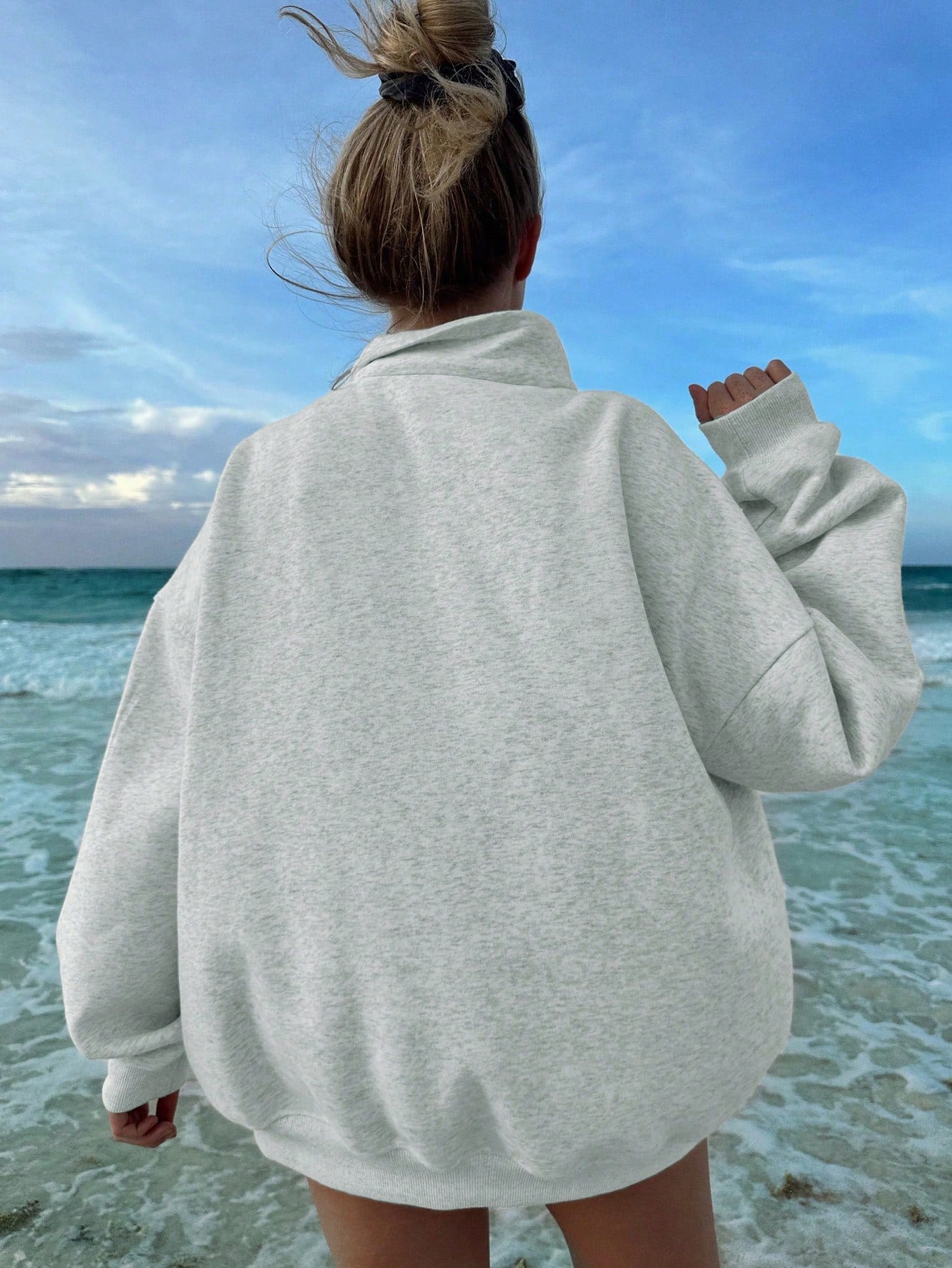 SXV Half zip Solid Color Drop Shoulder White Sweatshirt