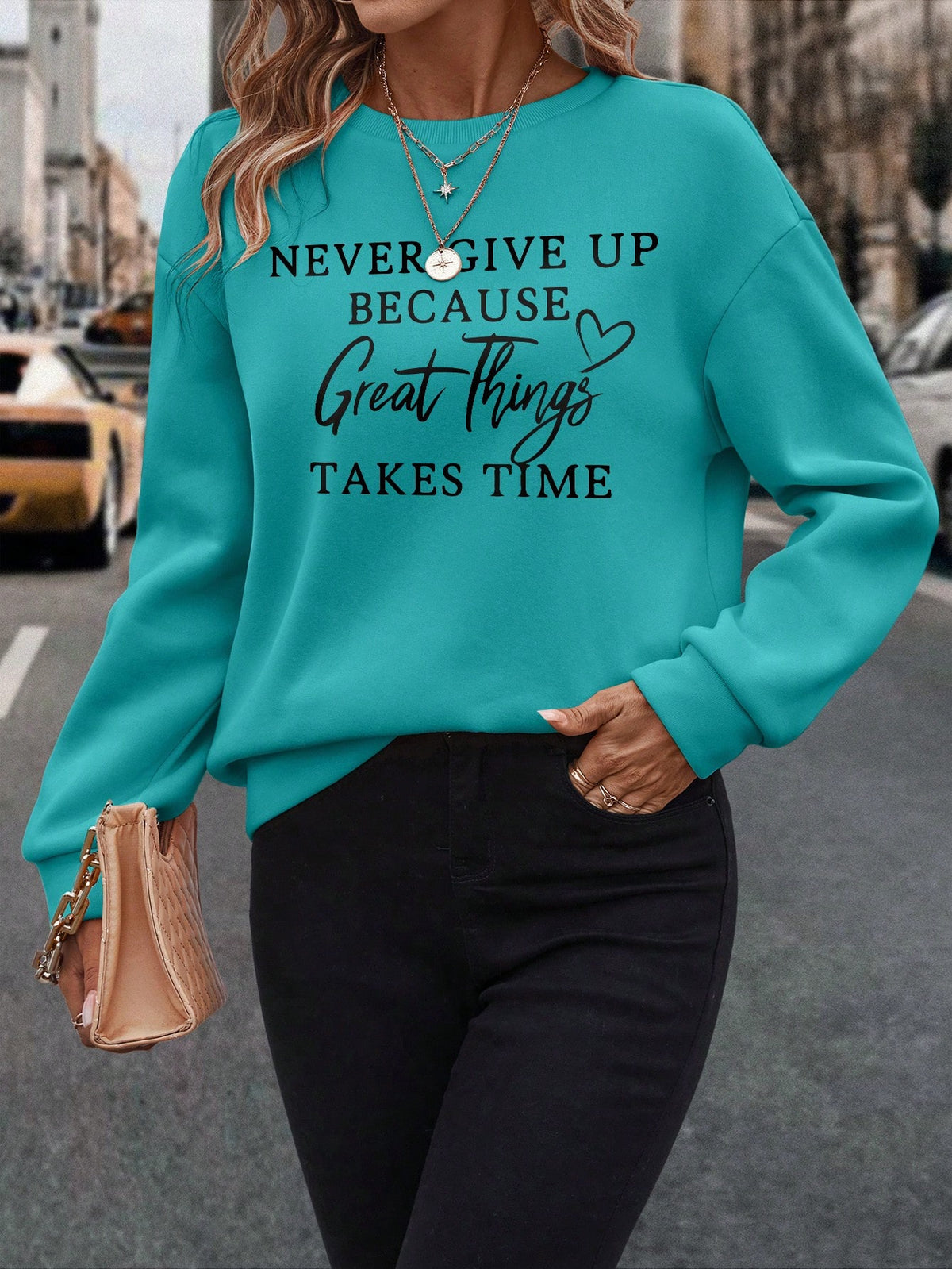 SXV 'never give up’ Printed Cool Aesthetic Drop Shoulder Oversized Baggy Sweatshirt