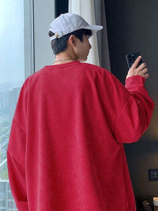 SXV Red Loose Solid Color Round Neck Casual Sweatshirt