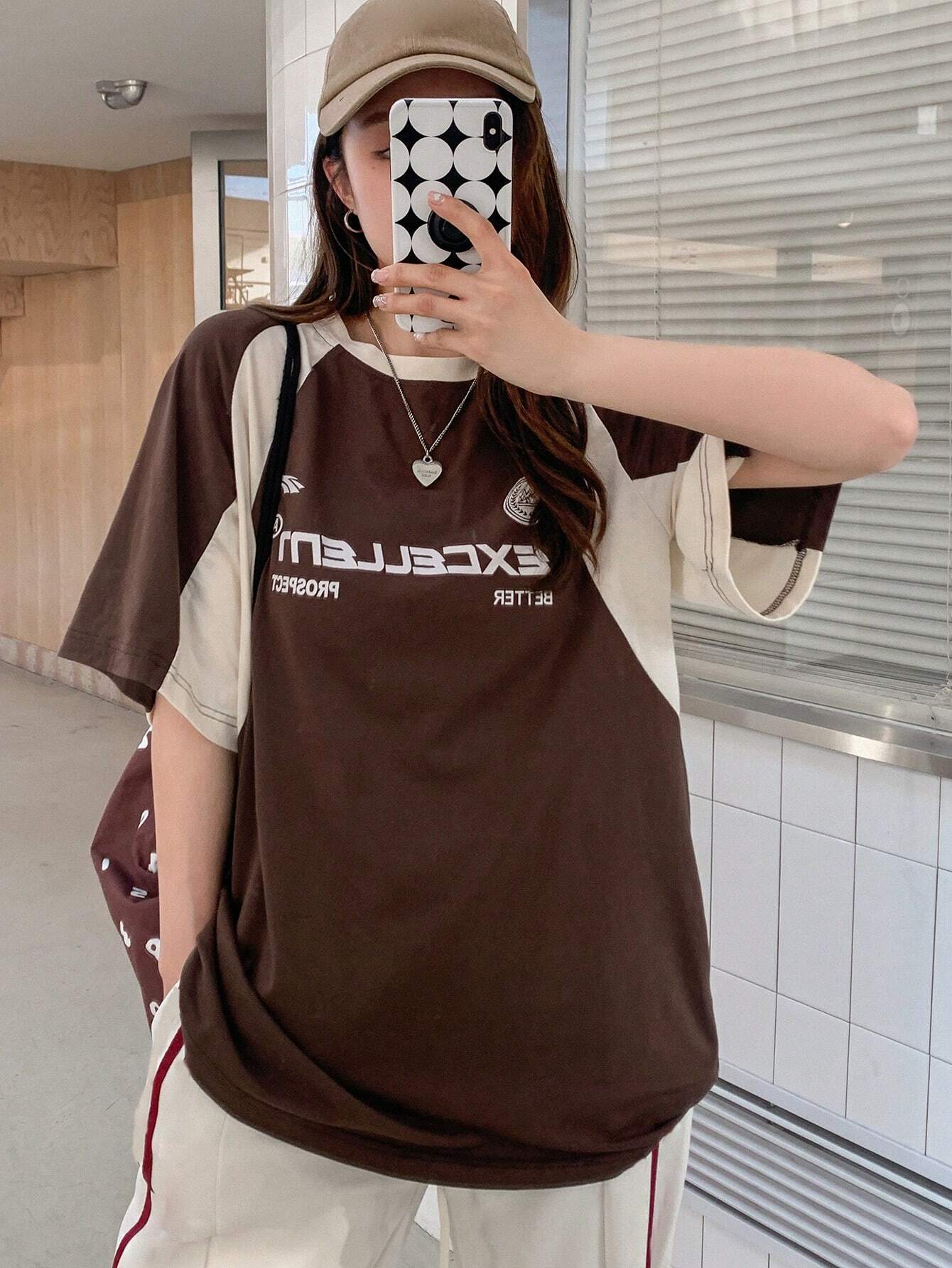 SXV Women's Contrast Color Letter Printed Round Neck Short Sleeve T-Shirt EXCELLENT BETTER PROSPECT Jersey