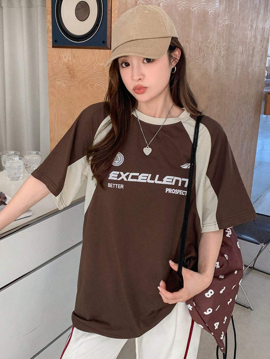 SXV Women's Contrast Color Letter Printed Round Neck Short Sleeve T-Shirt EXCELLENT BETTER PROSPECT Jersey