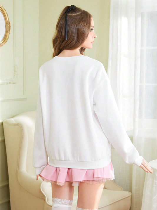 SXV 'CHERRIES AND BOW’ Printed Cool Aesthetic Drop Shoulder Oversized Baggy Sweatshirt