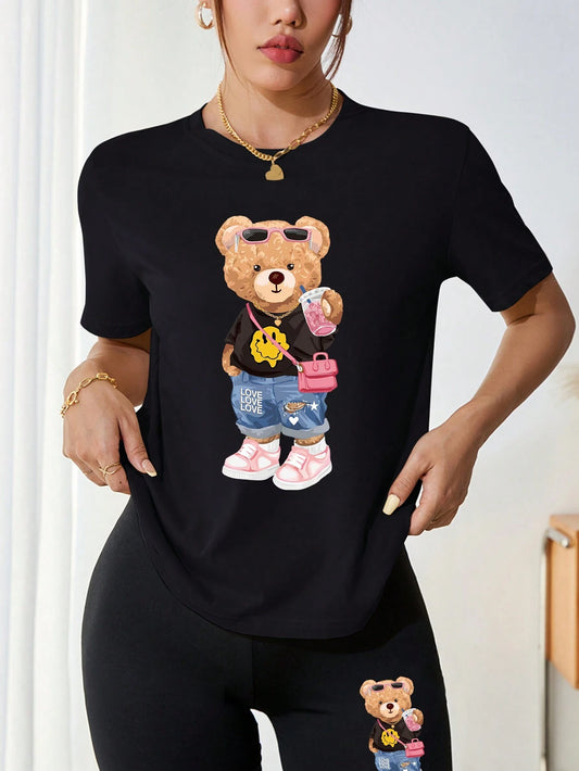 SXV Women Cute Teddy Short Sleeve T-Shirt And Cycling Shorts Summer Outfits