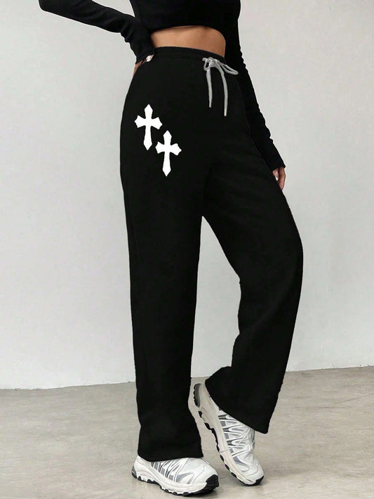 SXV Women Simple Jesus cross Printed Casual Sweatpants
