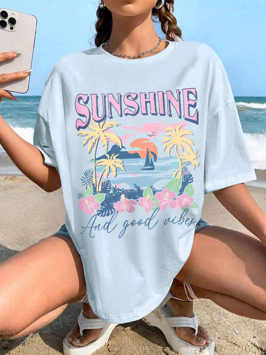 SXV Vacation Beach Sea View Letter Print Drop Shoulder Loose Short Sleeve T-Shirt