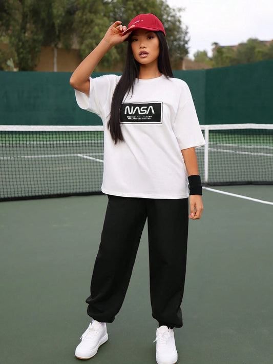 SXV NASA Women Summer Slogan Printed Round Neck Oversized T-Shirt And Pants Casual Loose Outfits