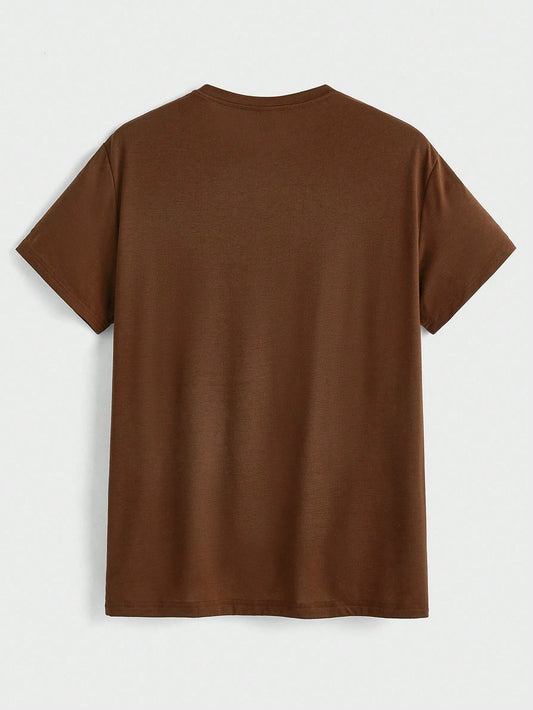 SXV HODY Letter Print Round Neck Short Sleeve T-Shirt, Coffee Color