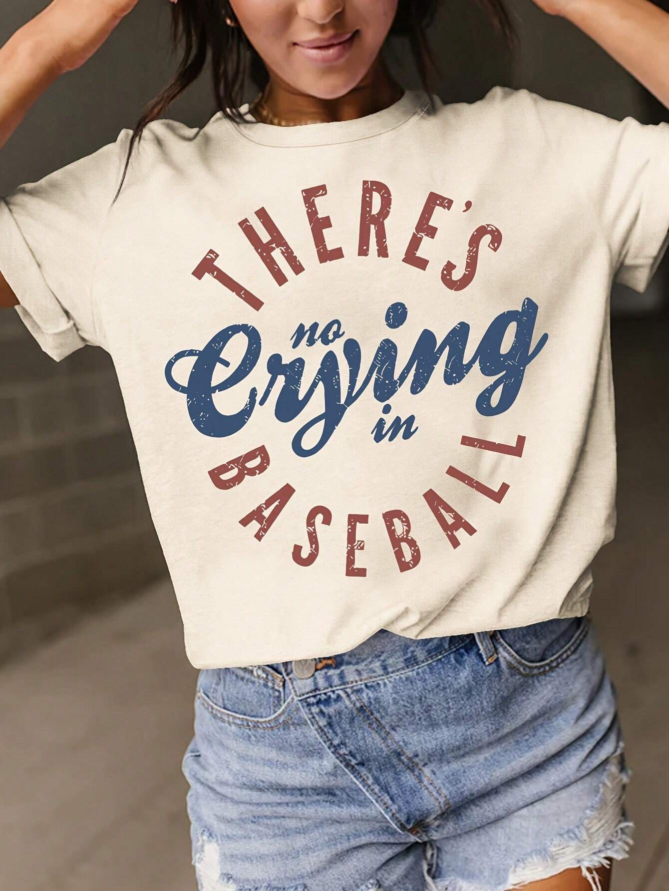 SXV Summer Slogan Printed Round Neck Short Sleeve Women's T-Shirt THERE'S No Crying In BASEBALL Graphic Tees Women Tops