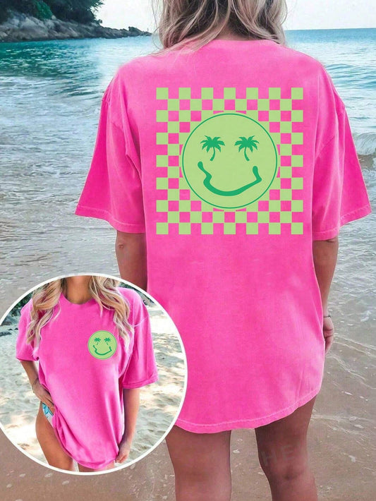 SXV Women Fashionable Smiling Face Printed Casual Holiday T-Shirt Graphic Tees