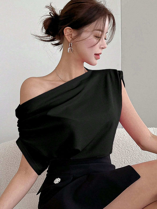 SXV Women's Summer Solid Color Asymmetric Collar Pleated Loose Fashion T-Shirt