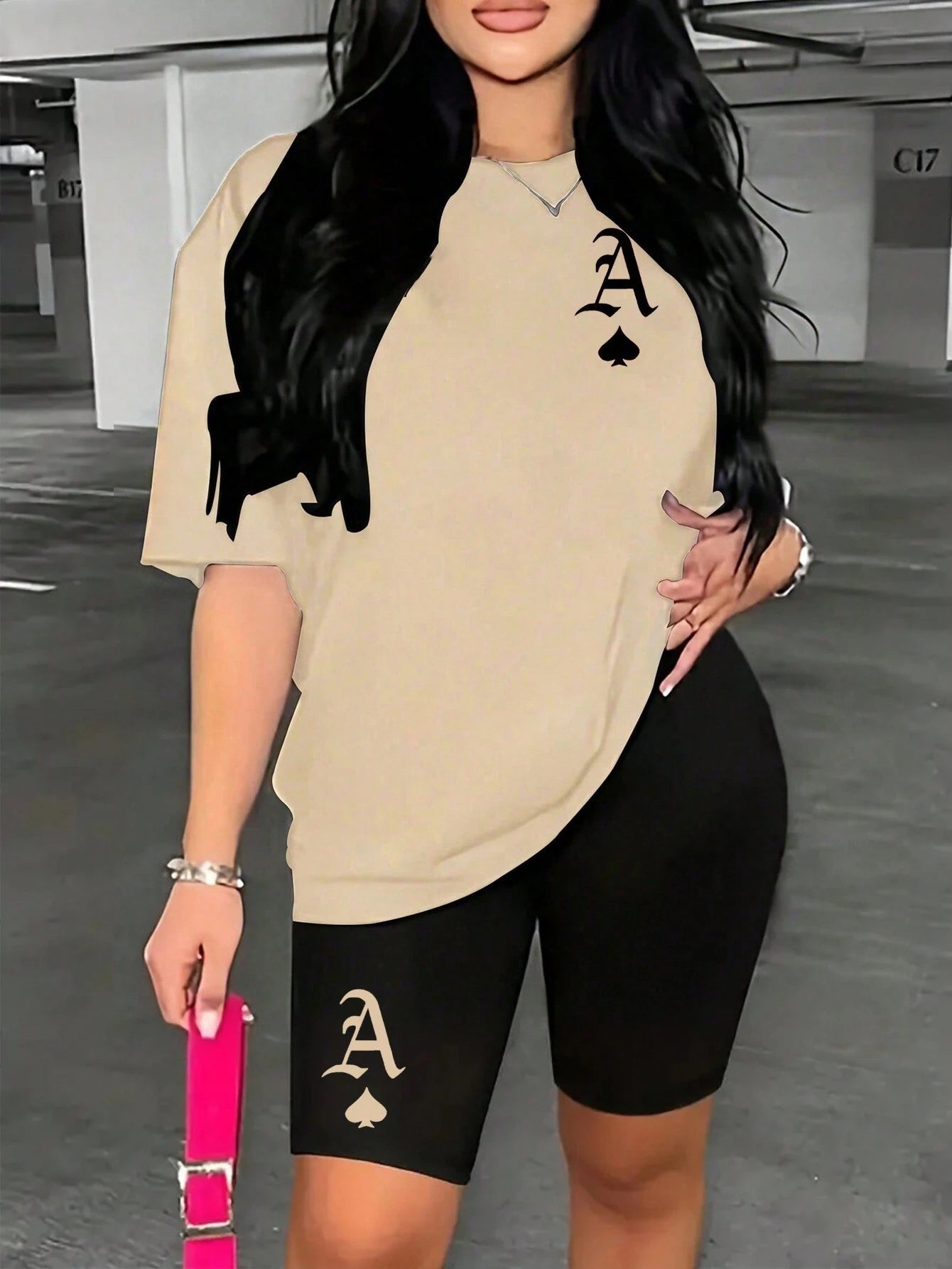 SXV CUSTOMISED Women's Drop-Shoulder T-Shirt 2pcs Set, Spades A Printed Casual Fashionable Summer Outfit