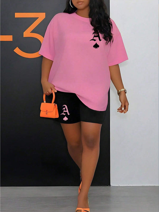 SXV CUSTOMISED Women's Drop-Shoulder T-Shirt 2pcs Set, Spades A Printed Casual Fashionable Summer Outfit