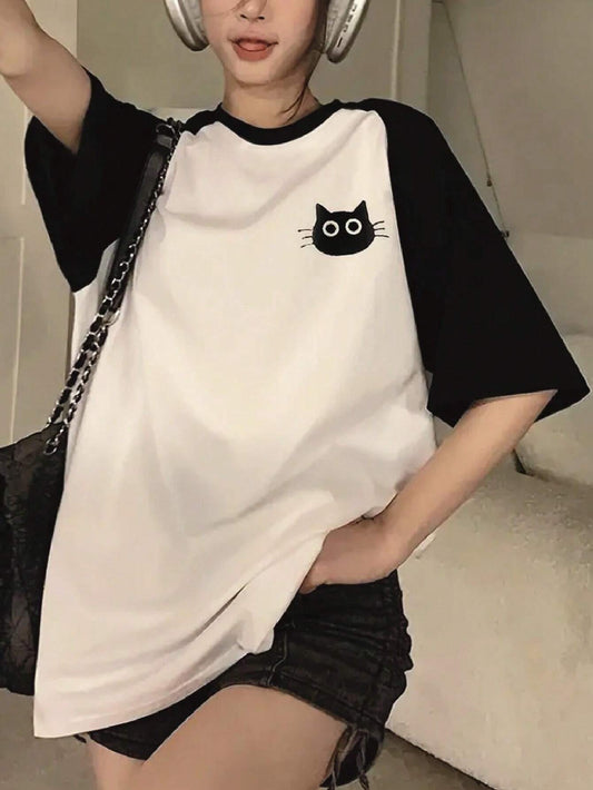 SXV Women's Casual Loose Colorblock Cartoon Cat Print Round Neck Raglan Sleeve T-Shirt, Summer Graphic Tees Women Tops