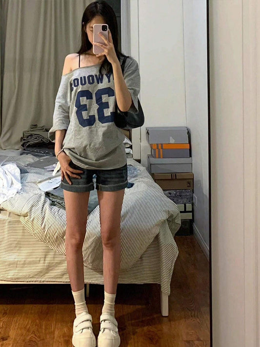 SXV Women's Casual Letter Print Asymmetric Neck Loose Short Sleeve T-Shirt,