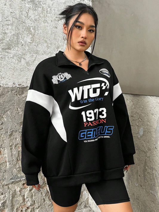 SXV Genius Slogan Graphic Racing Print Zipper Front Sweatshirt