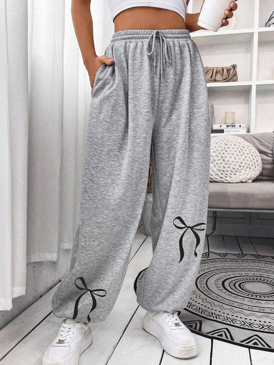 SXV Women's Solid Color Front Tie Bow Printed Casual Sweatpants