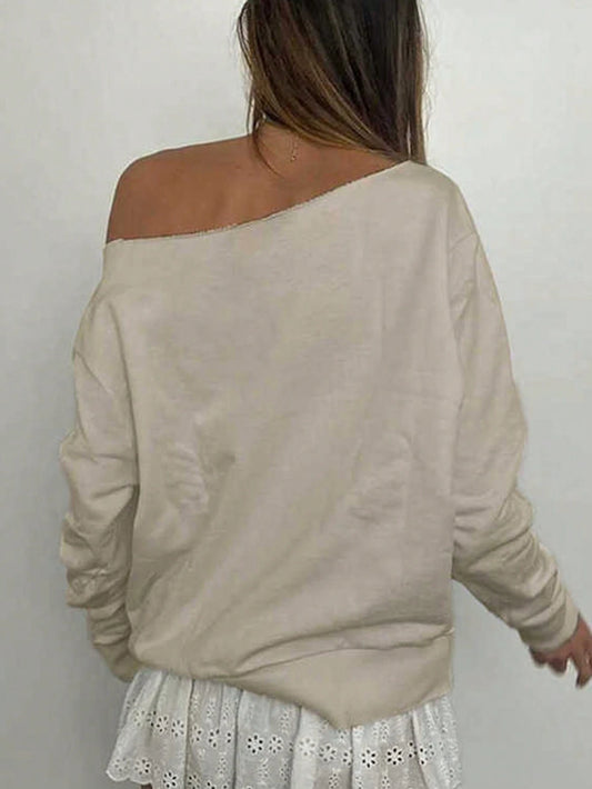 SXV Women's Numeric Print Asymmetrical Neck Long Sleeve Sweatshirt Pullover Fall Outfit