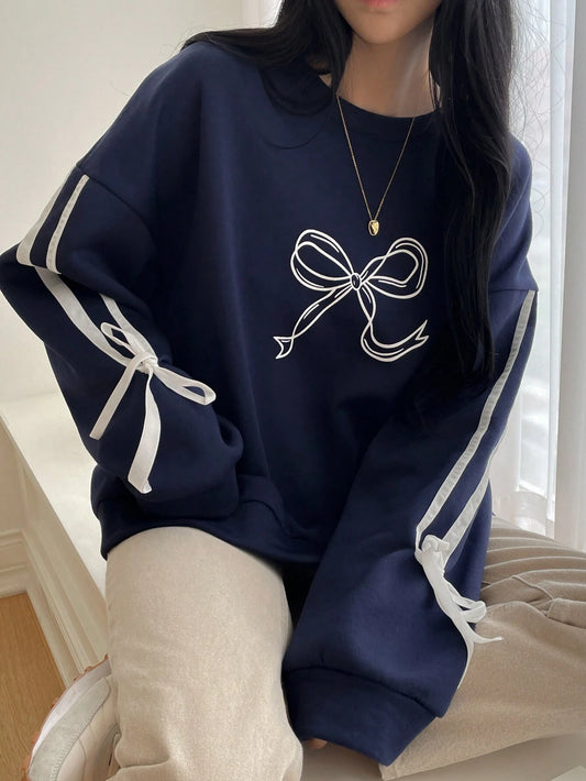 SXV Women's Butterfly Print Loose Fit Pullover Sweatshirt With Contrast Color Design, Vintage Style