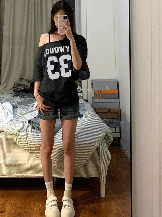 SXV Women's Summer Casual Loose Asymmetric Collar Digit Print Short Sleeve T-Shirt