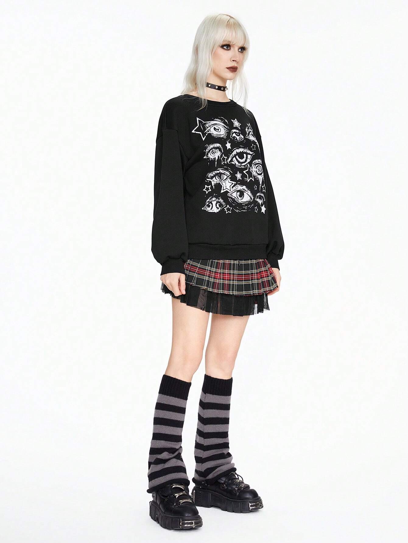 SXV 'eye and star’ Printed Cool Aesthetic Drop Shoulder Oversized Baggy Sweatshirt
