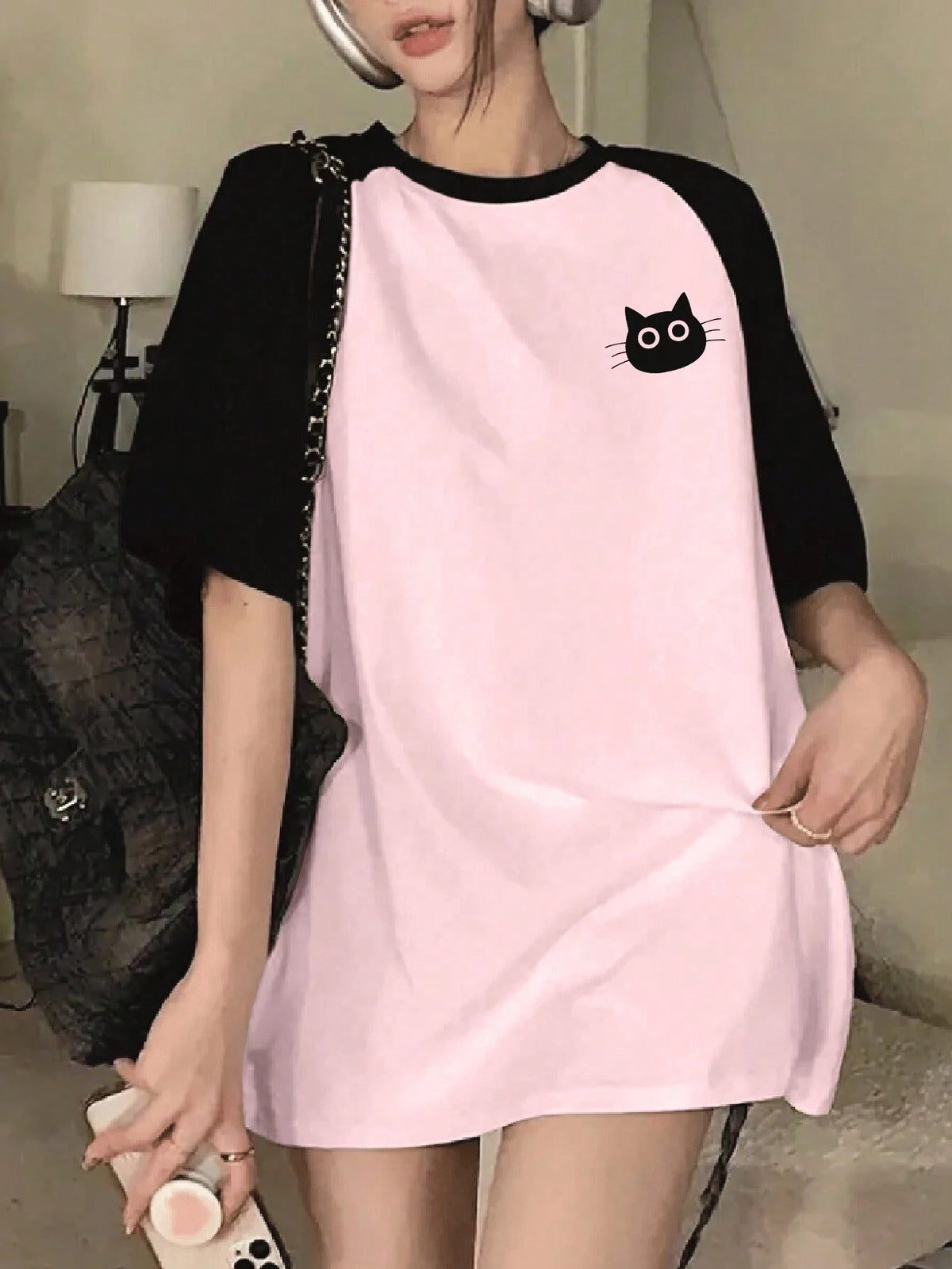 SXV Women's Casual Loose Colorblock Cartoon Cat Print Round Neck Raglan Sleeve T-Shirt, Summer Graphic Tees Women Tops