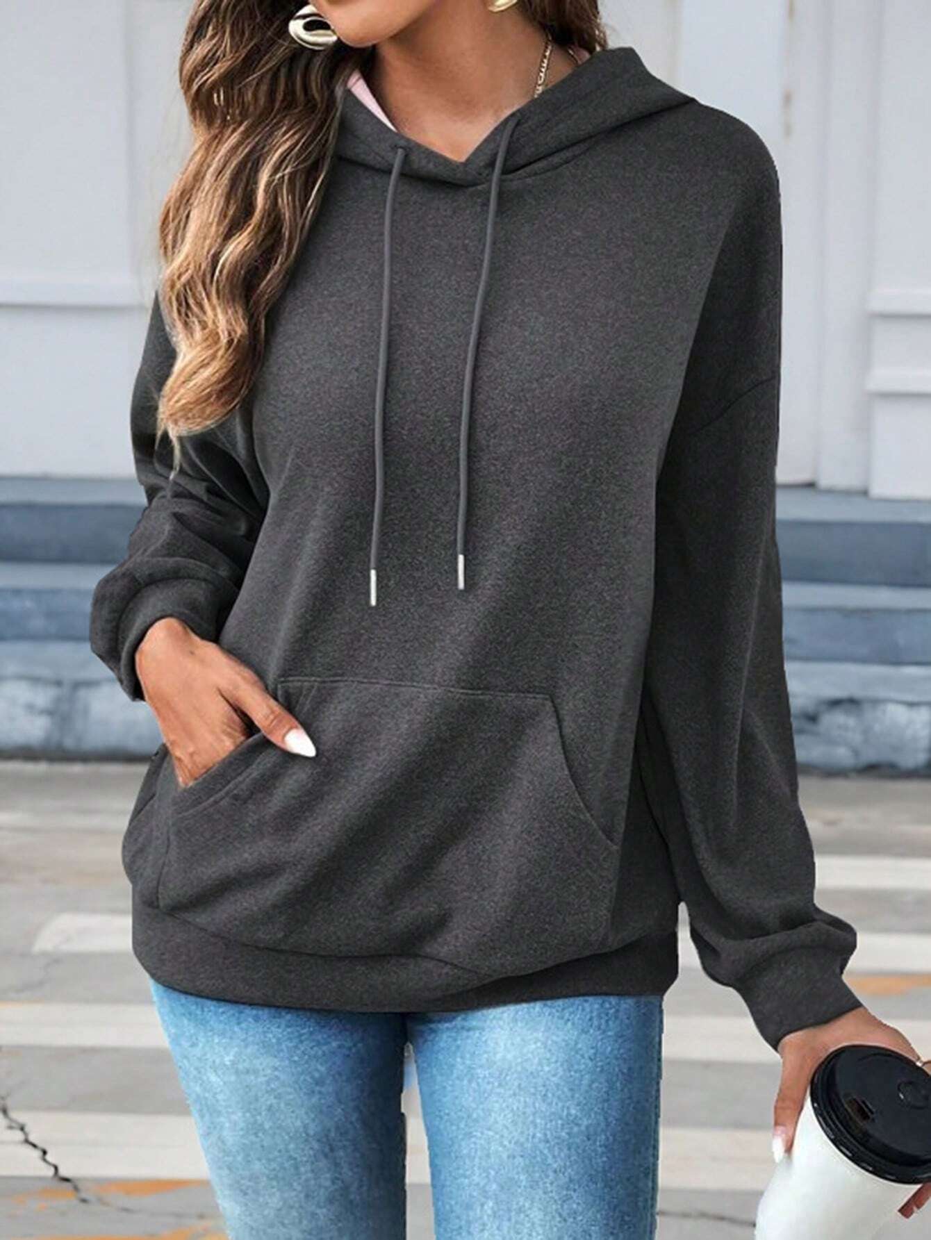 SXV Kangaroo Pocket Drop Shoulder Drawstring Thermal Hoodie