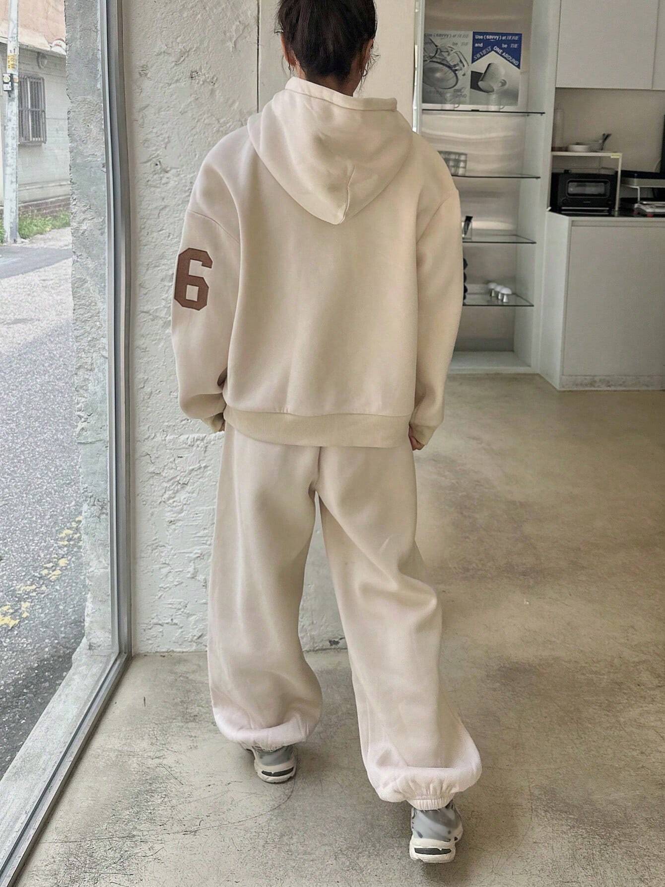 SXV Women Hooded Sweatshirt And Drawstring Hem Sweatpants Set, Casual