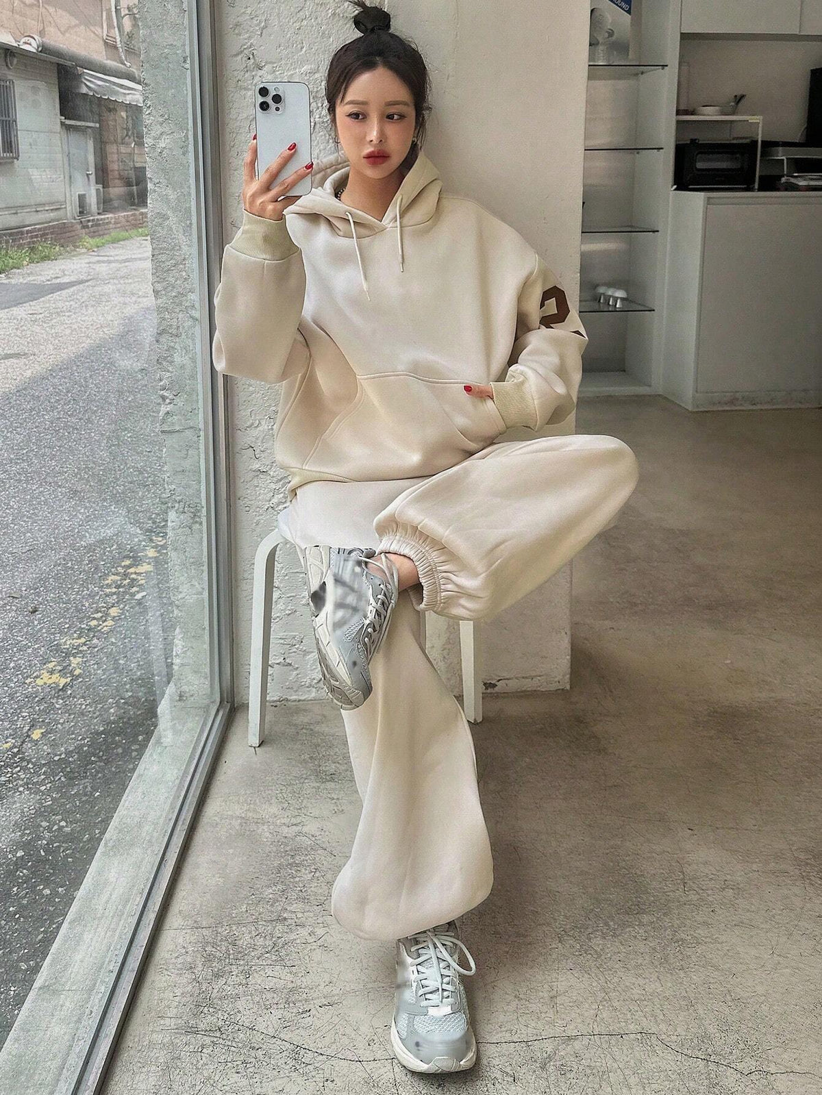 SXV Women Hooded Sweatshirt And Drawstring Hem Sweatpants Set, Casual