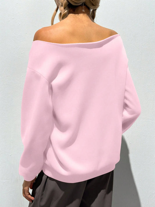 SXV Cherry Blossom Bow Oversized Asymmetrical Shoulder Loose Sweatshirt