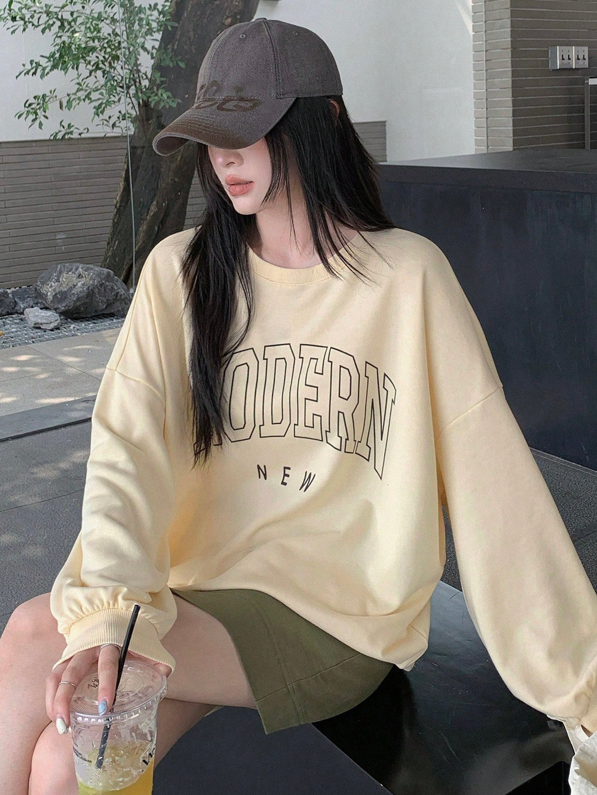 SXV Women's Casual Letter Print Drop Shoulder Long Sleeve Loose Sweatshirt