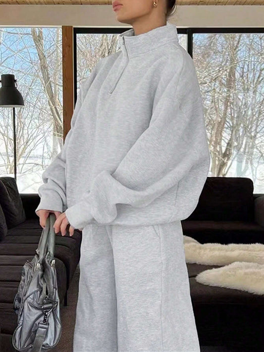 SXV Women Solid Drop Shoulder Oversized Half Zip Funnel Neck Sweatshirt & Wide Leg Pants 2pc Set