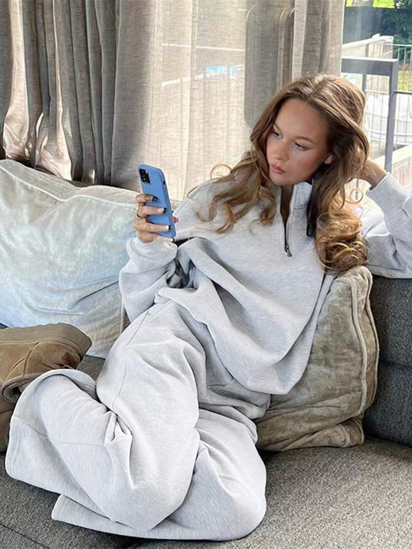 SXV Women Solid Drop Shoulder Oversized Half Zip Funnel Neck Sweatshirt & Wide Leg Pants 2pc Set