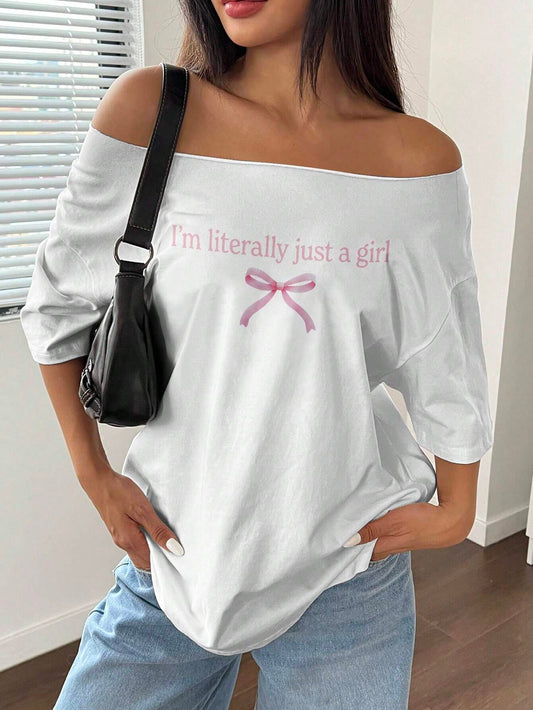SXV Off-Shoulder Loose Slogan & Butterfly Detail T-Shirt, Oversized Y2K Style, Pink Graphic Tees Women