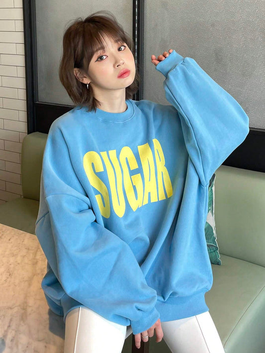 SXV Women Oversized Big Letter Casual Thermal Lined Pullover Sweatshirt For Spring Autumn